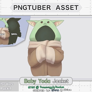 May include: A digital illustration of a Baby Yoda jacket with a green hood and brown body. The jacket is shown from the front and back. The text "Baby Yoda Jacket" is written below the image. The text "ETSY @twosnuggly Koalas" and "CREATED by: EMMA @atriem" is written below the jacket.