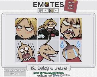 May include: A collection of six digital emotes featuring a character with blonde hair from Fullmetal Alchemist. The emotes display various expressions, including anger, embarrassment, and sadness. Text at the bottom reads "Ed being a meme."