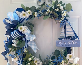Beach house wreath Sail cottage door wreath nautical coastal lake summer blue wreath front door hanging gift for any occasion