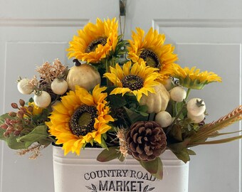 Sunflower fall bucket front door table decor fall flowers