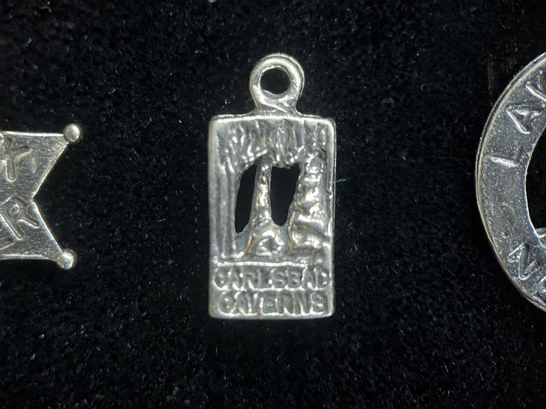 May include: Silver charm with a detailed image of Carlsbad Caverns, a national park in New Mexico. The charm is rectangular and has a loop at the top for attaching to a bracelet or necklace.