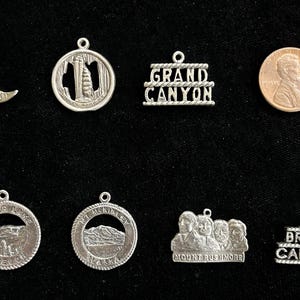 May include: A collection of silver charm pendants featuring various American landmarks, including the Grand Canyon, Mount Rushmore, Crater Lake, and Bryce Canyon. The charms are all in a circular or rectangular shape and have a silver finish.