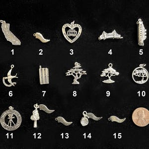 May include: A collection of silver-toned charms, including a California state outline, a cable car heart, a bridge, a bird, a tree, and a Hollywood sign. A penny is also included. The charms are displayed on a black surface.