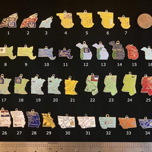 Enamel "M” State Charms-Vintage Cloisonné 1960s-70s - Maine, Maryland, Mass, Michigan, Minn, Miss, Missouri, Montana