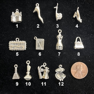 May include: A collection of silver-toned charms, including a castle, high heels, a llama, a dress form, a purse, and a compact. A penny is included for size comparison. The charm labeled "PRINCESS" is also visible.