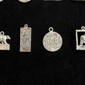 May include: Five silver charms featuring different designs. The charms are rectangular, round, and square. One charm features a bear and the text "Yellowstone National Park".