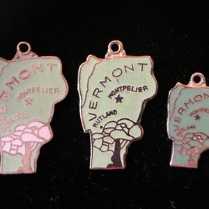 Puede incluir: Tres abalorios de metal verde y rosa con forma del estado de Vermont. Cada abalorio tiene la palabra "Vermont" y los nombres de las ciudades "Montpelier" y "Rutland" escritos en ellos.