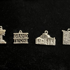 May include: Five silver charms featuring different national parks. The charms are in the shape of signs, mountains, and maps. The charms read "Sequoia National Park", "Grand Tetons", "Yosemite National Park", and "Yellowstone National Park".