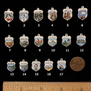 May include: A collection of 17 silver charm pendants with enamel designs. Each pendant features a different image, including a cherry, a shield, a mountain, a flower, a building, a dice, and a ship. The pendants are numbered 1 through 17.
