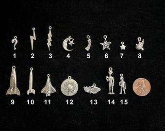Sterling Space/Alien/Celestial Charms - Vintage Silver Moon & Stars, Comet, Rocket, Space Shuttle, Flying Saucer (UFO)