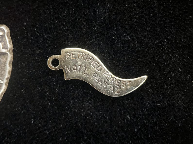 May include: Silver charm shaped like a horn with the text "Petrified Forest Natl Park AZ" engraved on it.