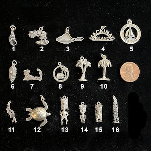 May include: A collection of sixteen silver-toned charms, including a sailboat, palm trees, and a turtle. The charms are of various shapes and sizes, with intricate details. A US penny is included for size comparison.