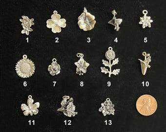 Sterling Flower Charms - Vintage Silver Dogwood, Sunflower, Forget-Me-Not, Hibiscus, Magnolia & More For Bracelet or Necklace