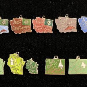 Puede incluir: Una colecci&oacute;n de 11 colgantes de estado de esmalte. Los colgantes tienen la forma de los estados de Washington, Wisconsin, Wyoming y Oreg&oacute;n. Los colgantes est&aacute;n decorados con esmalte de colores y presentan varios s&iacute;mbolos estatales, incluidos peces, una botella de leche y una cordillera.