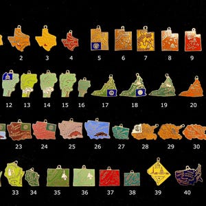 May include: A collection of 40 enamel charms shaped like different states in the United States. The charms are gold-toned and feature various colors and designs.