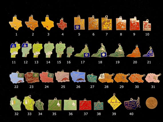 Enamel “TX, U, V, W” State Charms-Vintage Utah, Vermont, Virginia, Washington, Wisconsin, Wyoming, Wash. DC & US Map