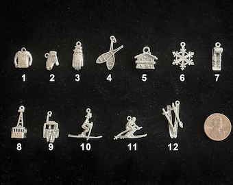 Sterling Wintertime Charms - Skis, Skiers, Snowflake, Sweater, Mitten, Snowshoes, Chalet, Chairlift, Tram, Toboggan