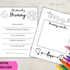 Cuestionario Todo sobre mi mamá, Tarjeta del Día de las Madres, Páginas para colorear imprimibles, Actividad en el aula, Descarga instantánea