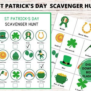 May include: A printable St. Patrick's Day scavenger hunt game with a checklist of items to find, including a hat, shamrock, badge, horseshoe, gold coin, cupcake, balloons, leprechaun, Ireland flag, four-leaf clover, rainbow, and pot of gold.  The game includes a bonus digital download for a St. Patrick's Day themed flashcard.