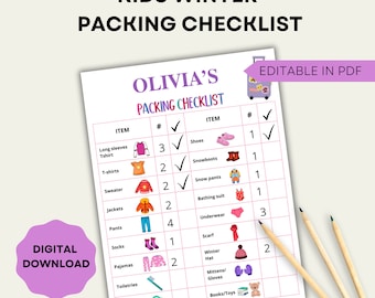 Lista de embalagem para crianças de inverno, lista de verificação para crianças, lista de embalagem para viagens de férias, lista de verificação de embalagem de inverno para crianças, embalagem para viagens de esqui, editável em PDF