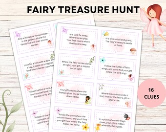 May include: A printable set of 16 fairy treasure hunt clues with illustrations of fairies, butterflies, and other magical creatures. The clues are printed on white paper with a purple border and are ready to be cut out and used for a fun outdoor game.