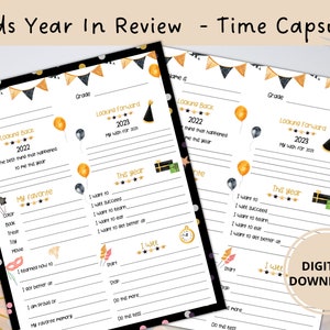 May include: Black and gold printable time capsule for children to reflect on the past year and set goals for the new year. The printable includes sections for favourite things, what they learned, and what they want to do in the coming year.