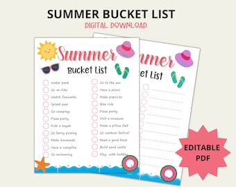 May include: A printable summer bucket list with a pink background and illustrations of a sun, sunglasses, a hat, flip flops, and a watermelon. The list includes activities like going to the zoo, having a picnic, making popsicles, and going swimming.