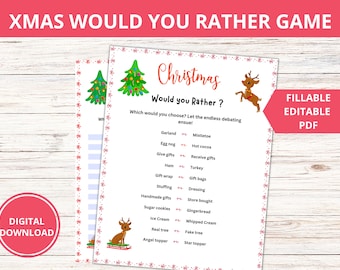 May include: A printable Christmas-themed "Would You Rather" game with a red background and a white border. The game features a list of Christmas-related questions, such as "Garland or Mistletoe?" and "Egg Nog or Hot Cocoa?" The game is designed to be played with friends and family during the holiday season.