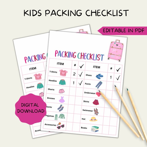 Kinder Packliste, Kinder Checkliste, Urlaubsreisen Packliste, Sommer Packliste für Kinder, editierbar im Pdf