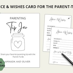 Parenting Tip Jar Sign And Advice For The Parents To Be Cards, Minimalist Baby Shower Game Printable, Personnalize Names, Editable Template