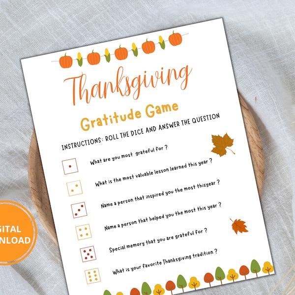 Thanksgiving Gratitude Game, Thanksgiving Party Game, Friendsgiving Game, Thanksgiving Conversation Starter, Dice Game, Kids Game, Roll dice