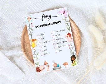 May include: A printable fairy scavenger hunt checklist with a light blue background and pink checkboxes. The checklist includes items like leaf, key, pine cone, twig, bell, rock, fairy wand, moss, flower, fairy house, butterfly, and bird.
