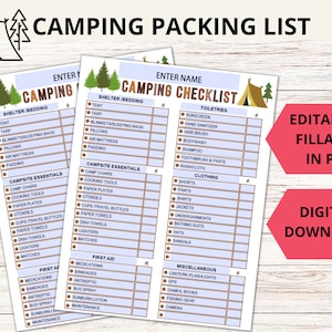 Bearbeitbare Camping Packliste, Camping Reise Packliste PDF, Camping Essentials Liste, Camping Urlaub Checkliste, bearbeitbar druckbar