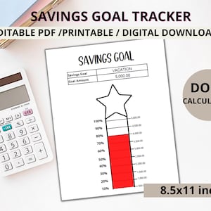 May include: Printable savings goal tracker with a red progress bar and a star at the top. The tracker is labelled "Vacation" with a goal amount of £5,000.00. The tracker is 8.5x11 inches.