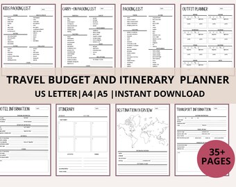 May include: Printable travel planner with 35+ pages, including packing lists, itinerary, budget, and hotel information. The planner is designed for US Letter, A4, and A5 sizes.