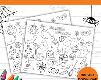 Calendario de cuenta regresiva de Halloween imprimible, Calendario de Adviento de cuenta regresiva de Halloween, Actividades de Halloween, Cuenta regresiva para colorear de Halloween