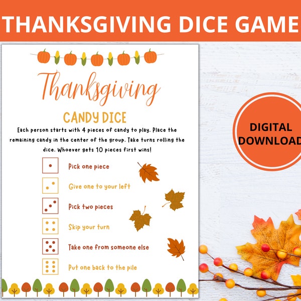 Thanksgiving Candy Dice Game, Thanksgiving Family Games, Thanksgiving Party Games, Candy Game, Kids Games, Fall Kids Games , Printable Game