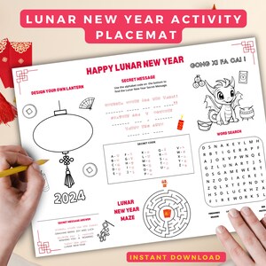 Lunar New Year Coloring Activity Placemat, Printable Placemat for Kids, Activity Mat, Chinese New Year Dragon Coloring, Kids Classroom Sheet