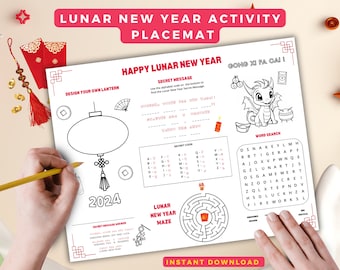 Lunar New Year Coloring Activity Placemat, Printable Placemat for Kids, Activity Mat, Chinese New Year Dragon Coloring, Kids Classroom Sheet