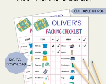 Lista de embalagem para crianças, lista de verificação para crianças, lista de embalagem para viagens de férias, lista de embalagem de verão para crianças, editável em PDF