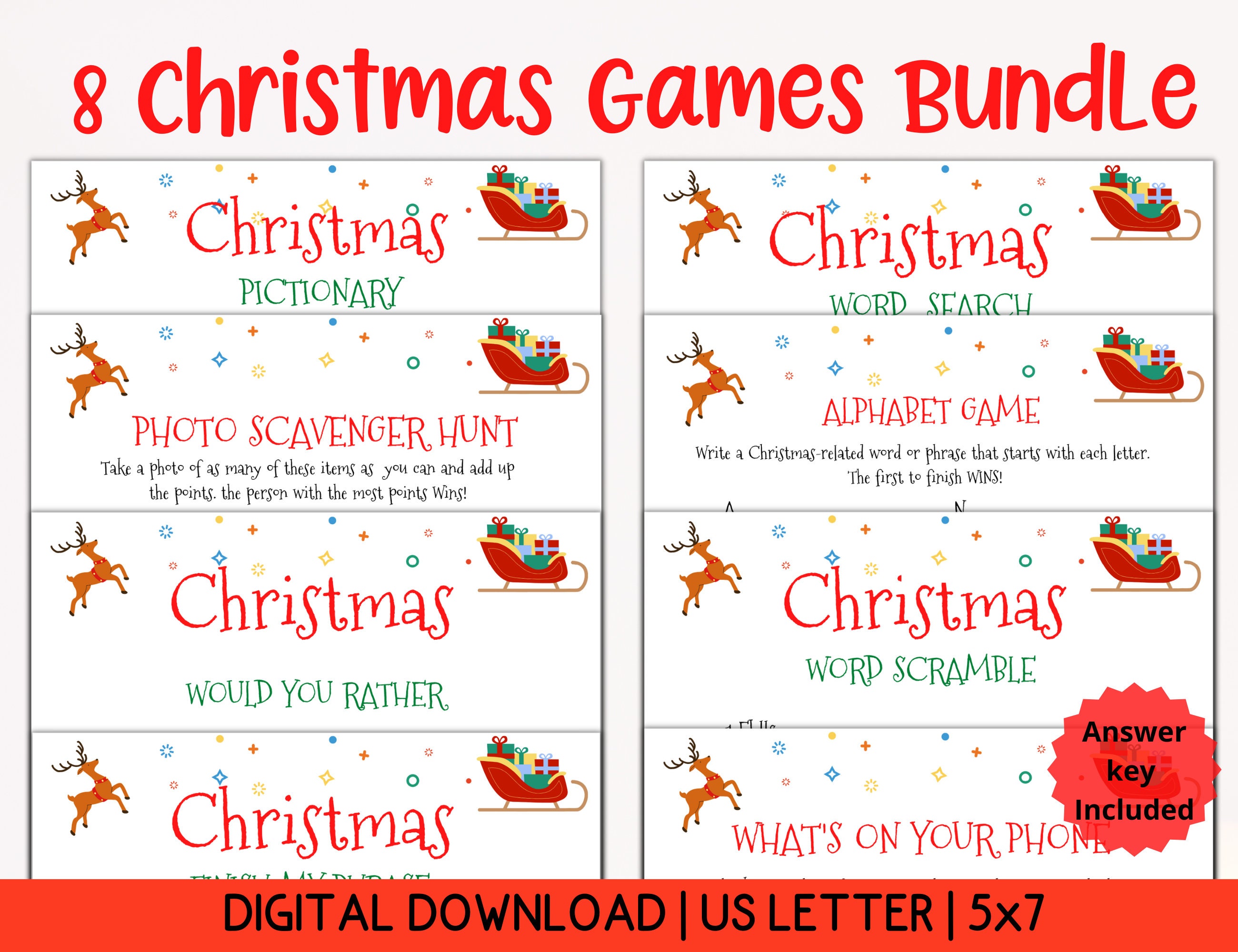 8 Printable Christmas Games Bundle, Office Party Games Printable