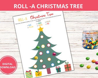 クリスマスツリーを転がすゲーム（印刷可能）、ツリーを転がすサイコロゲーム、クリスマスの子供向けアクティビティ、家族向けクリスマスツリーゲーム、クリスマスパーティーゲーム