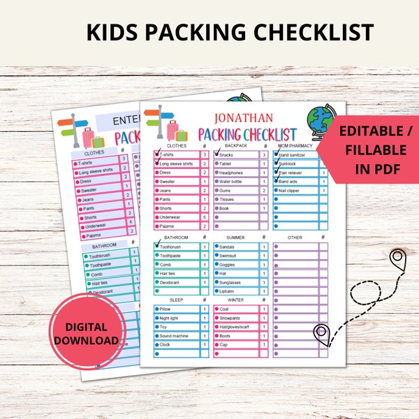 Kids Packing List, Kids Checklist , Vacation Travel Packing List, Packing Checklist Template,  Packing List For Kids, Editable Printable