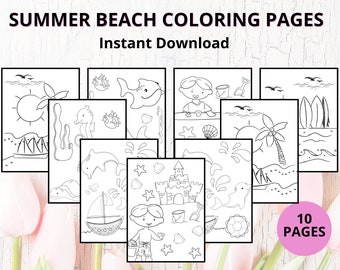 10 Summer Coloring Pages Bundle ,Fun Summer Coloring Book, Kids Summer Coloring Pages, Beach Coloring Pages, Summer Activities
