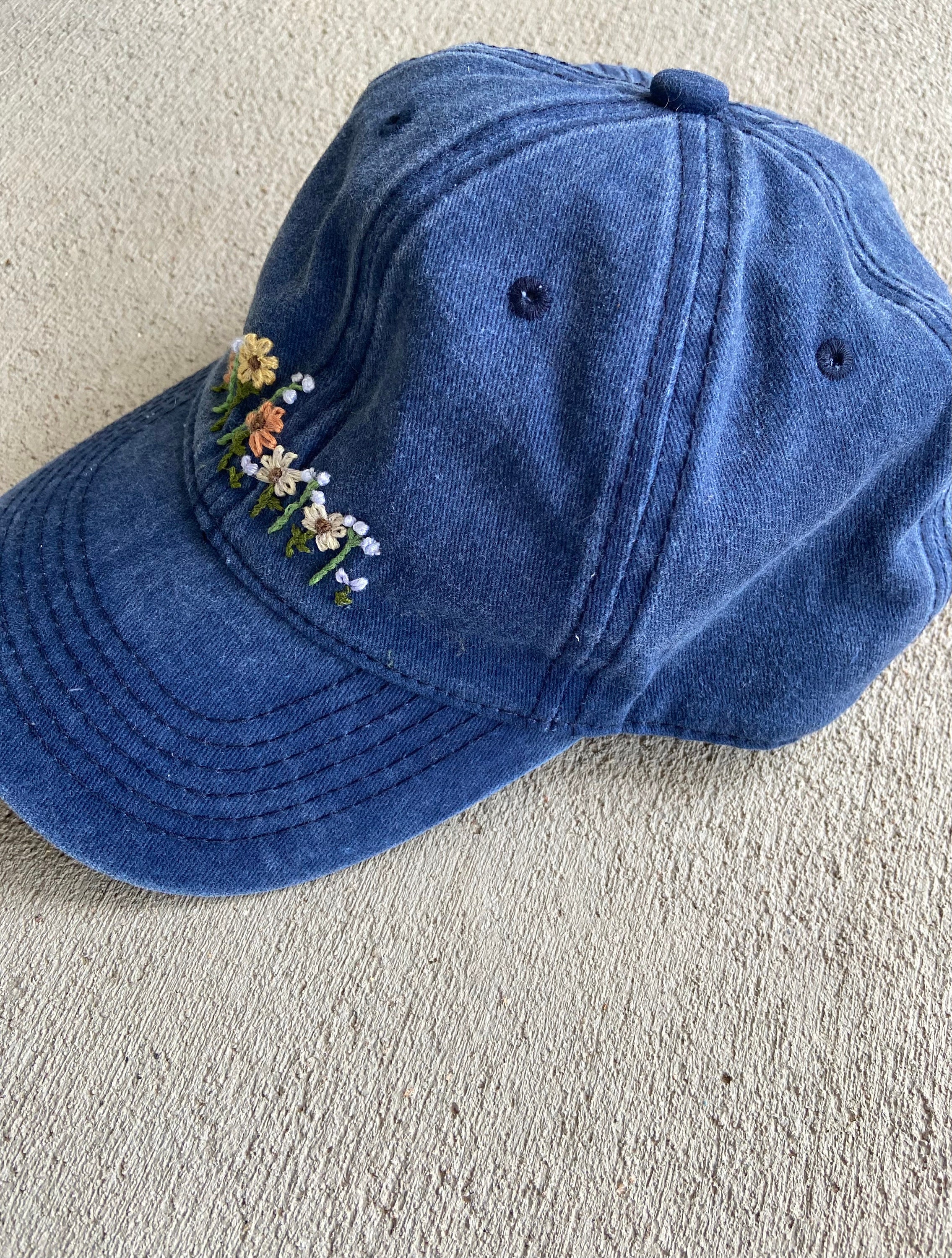 Hand-embroidered Floral Hat, Distressed Garden Hat, Blue 
