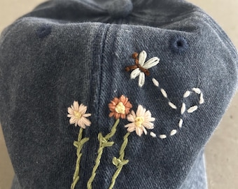 Hand-Embroidered Flower Hat, Distressed Garden Hat, Wildflower Nature Hat, Flowered Blue Distressed Baseball Hat, Dragonfly Christmas gift,