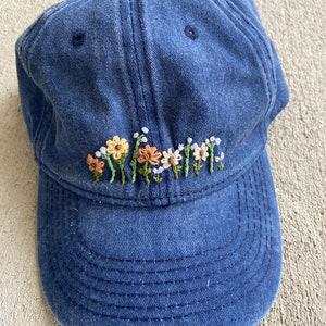 Hand-Embroidered Floral Hat, Distressed Garden Hat, Blue Wildflower Hat, Flowered Blue Distressed Baseball Hat, Hiking Flower