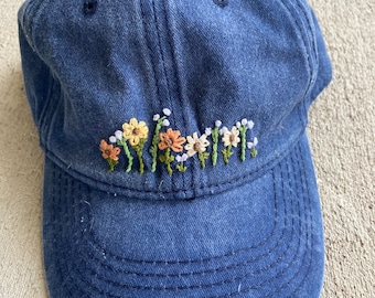 Hand-Embroidered Floral Hat, Distressed Garden Hat, Blue Wildflower Hat, Flowered Blue Distressed Baseball Hat, Hiking Flower
