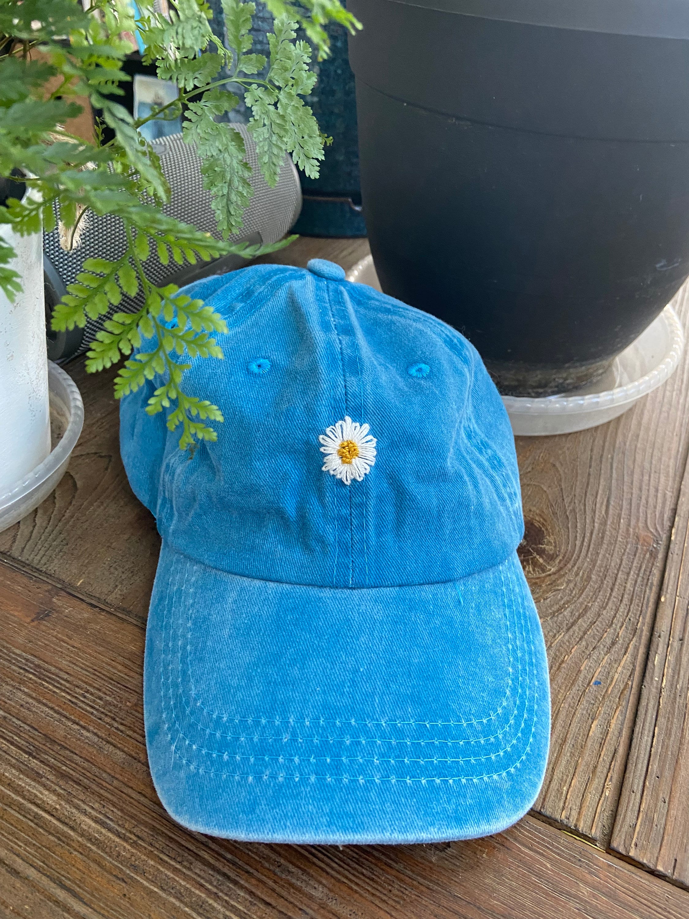 Hand-embroidered Flower Hat, Distressed Garden Hat, Teal 