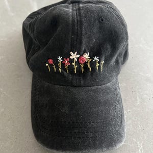Hand-Embroidered Flower Hat, Distressed Garden Hat, Wildflower Nature Hat, Flowered Black Distressed Baseball Hat, Nature Christmas gift